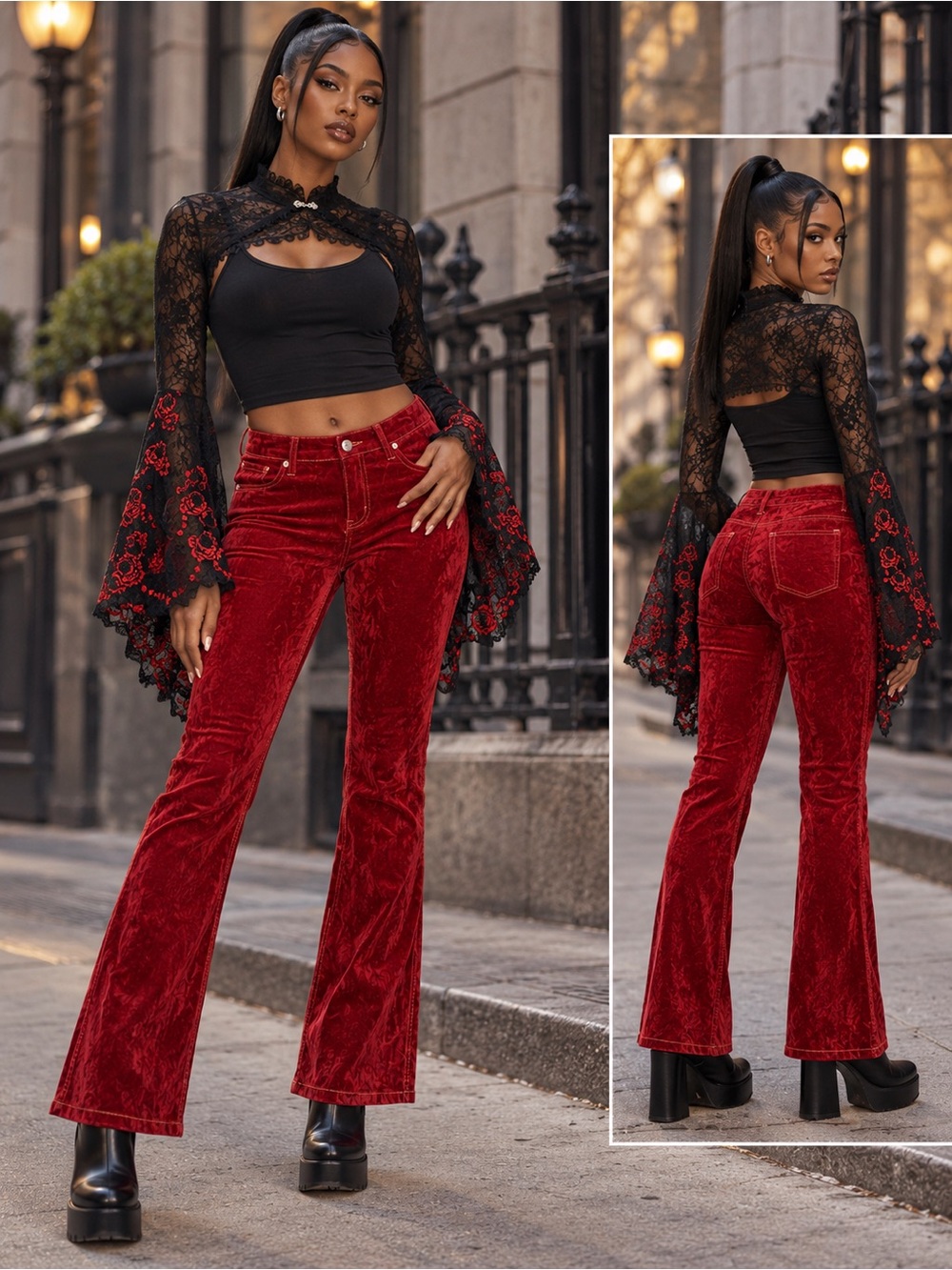 2pc Madden Girl Red Velvet High-Rise Flare Pants & Shrug